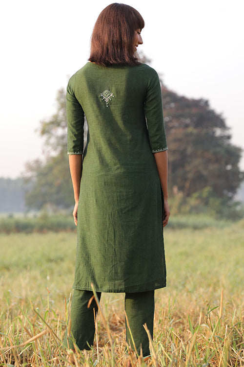 Okhai 'Fresh Green' Hand Embroidered Mirror Work Pure Cotton Kurta Pant Set