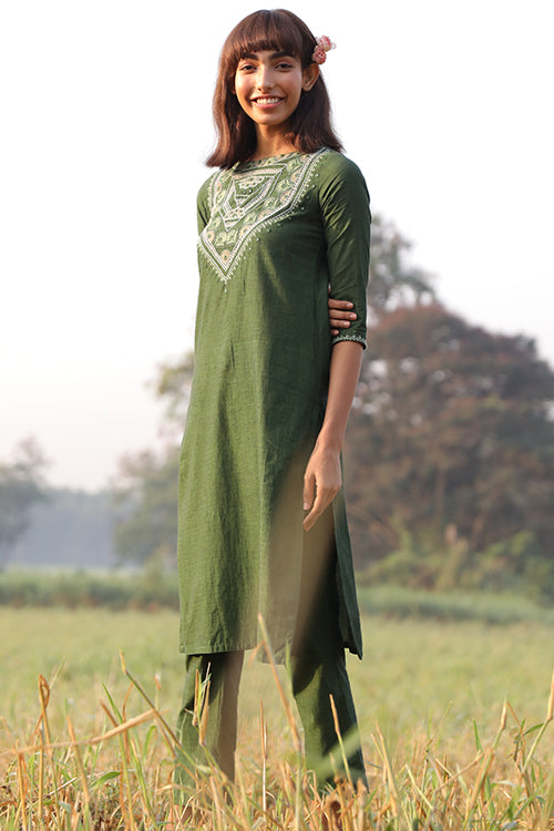 Okhai 'Fresh Green' Hand Embroidered Mirror Work Pure Cotton Kurta Pant Set