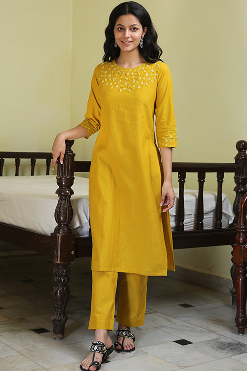 Honeybee Mirror Work Pure Cotton Hand Embroidered Yellow Kurta Pant Set