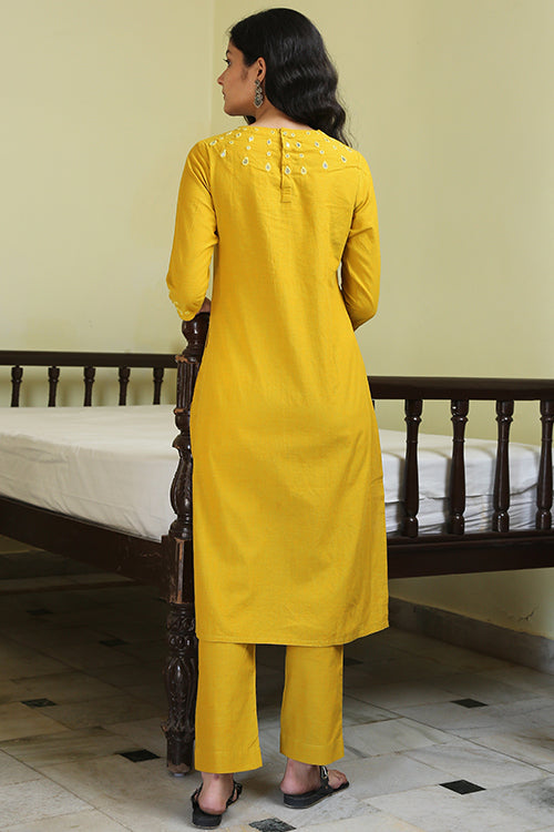 Okhai 'Honeybee' Pure Cotton Hand Embroidered Mirror Work Kurta Pant Set