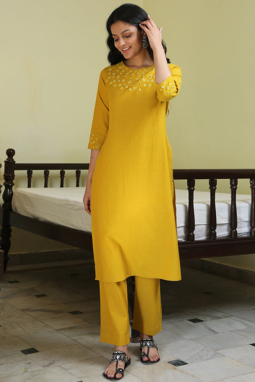 Okhai 'Honeybee' Pure Cotton Hand Embroidered Mirror Work Kurta Pant Set