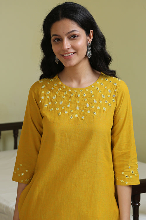 Okhai 'Honeybee' Pure Cotton Hand Embroidered Mirror Work Kurta Pant Set