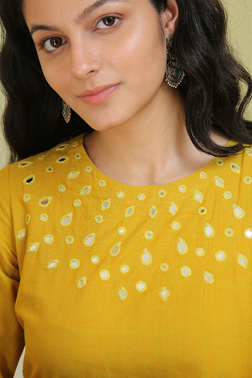 Okhai 'Honeybee' Pure Cotton Hand Embroidered Mirror Work Kurta Pant Set