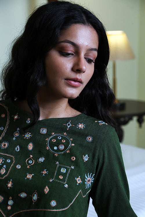 Okhai 'Eucalyptus Garden' Pure Cotton Hand Embroidered Mirror Work Kurta Pant Set