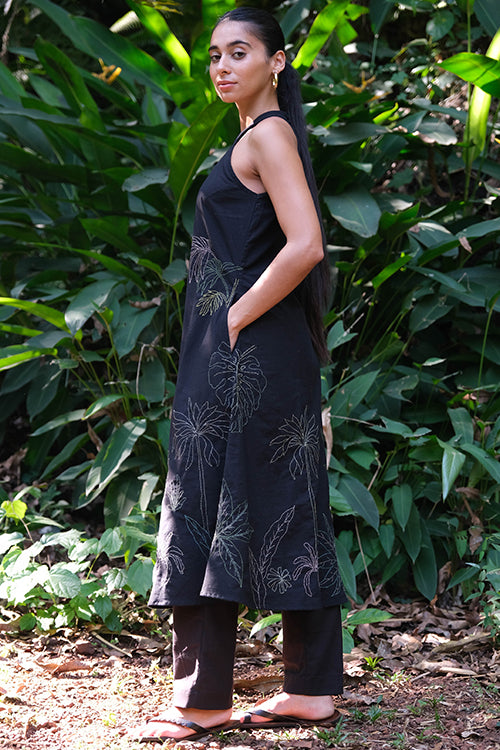 Okhai 'Midnight Black' Pure Cotton Hand Embroidered Kurta Pant Set