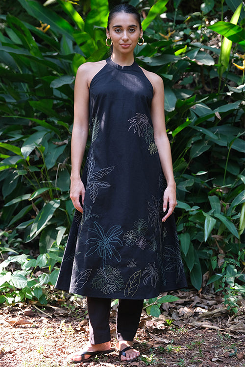 Midnight Black Embroidered Cotton Kurta Pant Set For Women Online