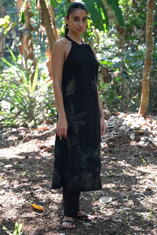 Midnight Black Embroidered Cotton Kurta Pant Set For Women Online