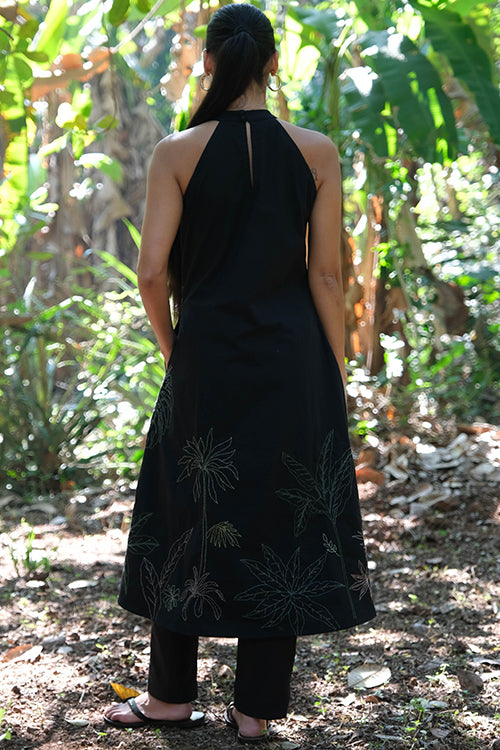 Okhai 'Midnight Black' Pure Cotton Hand Embroidered Kurta Pant Set