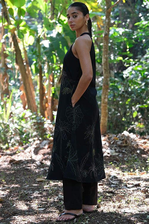 Okhai 'Midnight Black' Pure Cotton Hand Embroidered Kurta Pant Set