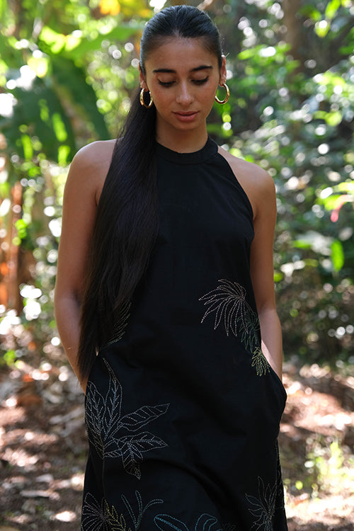 Okhai 'Midnight Black' Pure Cotton Hand Embroidered Kurta Pant Set