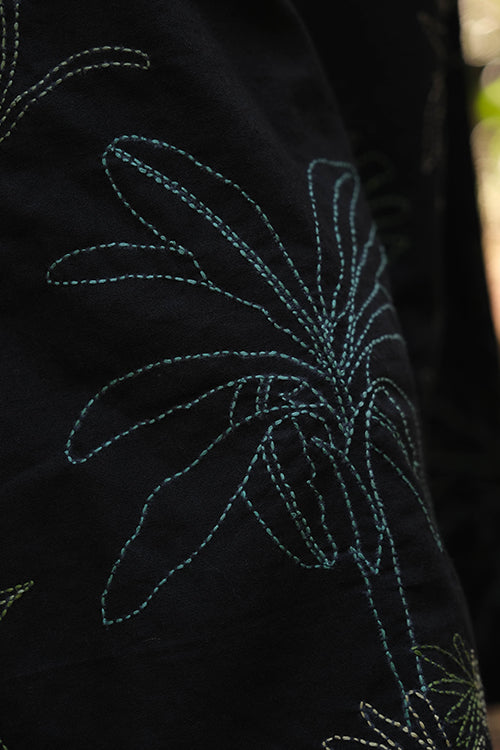 Okhai 'Midnight Black' Pure Cotton Hand Embroidered Kurta Pant Set