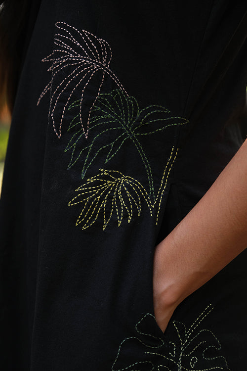 Okhai 'Midnight Black' Pure Cotton Hand Embroidered Kurta Pant Set