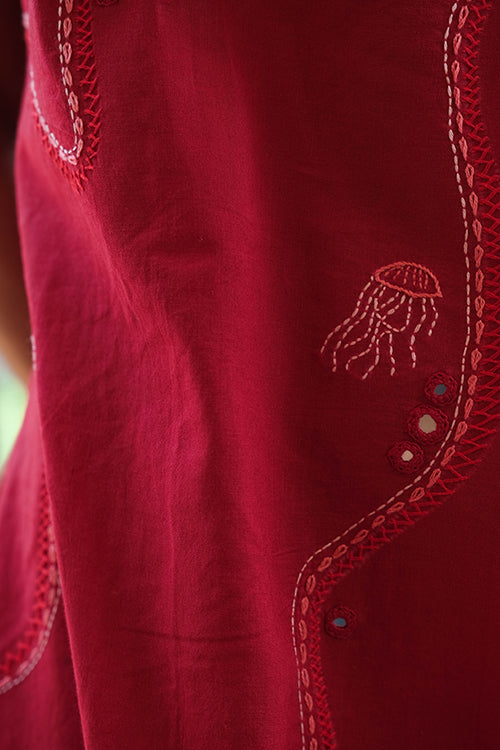 Okhai 'Magical Waves' Pure Cotton Hand Embroidered Mirror Work Kurta Pant Set