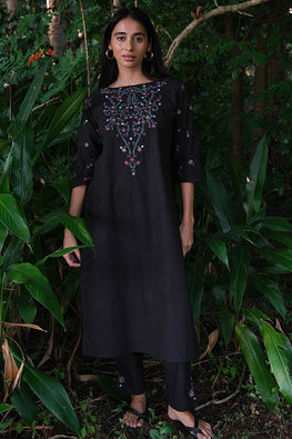 Sombre Black Cotton Embroidered Mirror Work Kurta Pant Set For Women Online