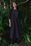 Sombre Black Cotton Embroidered Mirror Work Kurta Pant Set For Women Online