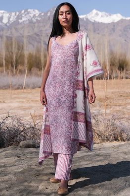 Frosted Rose Block Printed Cotton Kurta Pant Set For Women Online