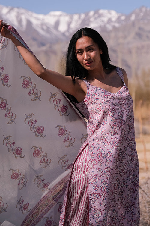 Okhai 'Frosted Rose' Hand Block Printed Kurta Pant Dupatta Set