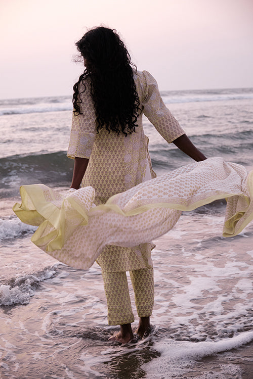 Okhai 'Warm Breeze' Mul Cotton Hand Block Printed Kurta Pant Dupatta Set
