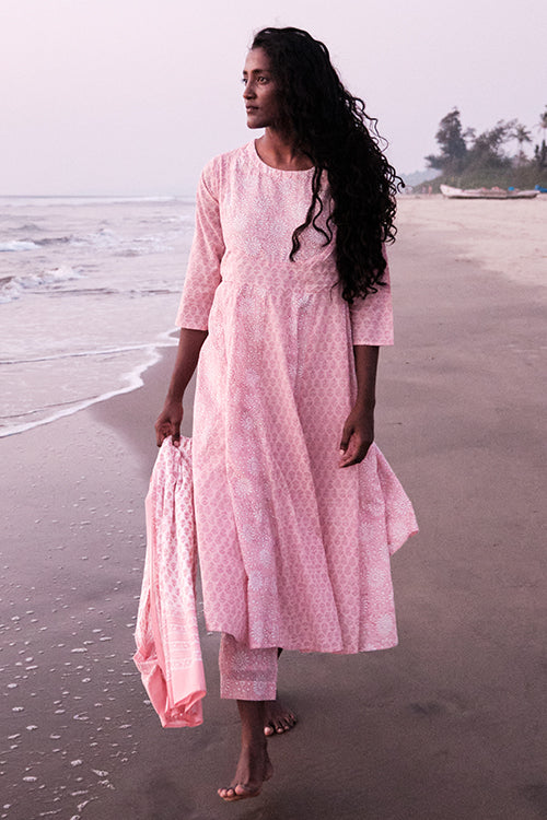 Okhai 'Awaken' Mul Cotton Hand Block Printed Kurta Pant Dupatta Set