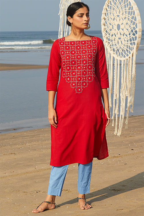Okhai 'Juliet' Embroidered Mirror Work Cotton Handloom Long Kurta