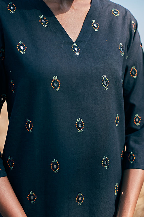 Okhai Spirit Pure Cotton Mirror Work Black Embroidered Long Kurta Online