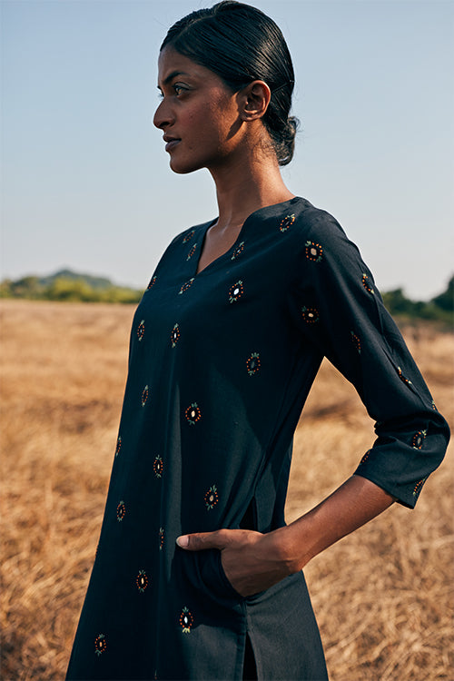 Okhai 'Spirit' Hand Embroidered Mirror Work Pure Cotton Long Kurta