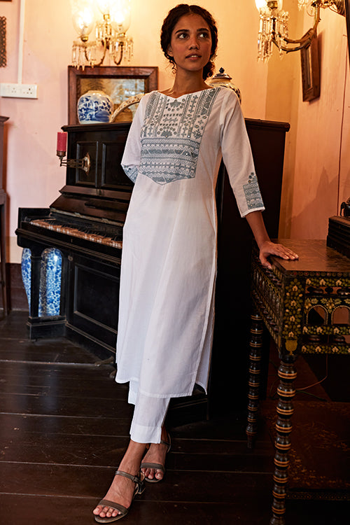 Okhai Glacier Hand Embroidered Mirror Work Pure Cotton Long Kurta For Women