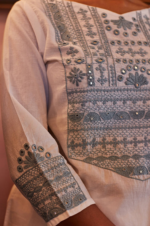 Okhai 'Glacier' Hand Embroidered Mirror Work Pure Cotton Long Kurta