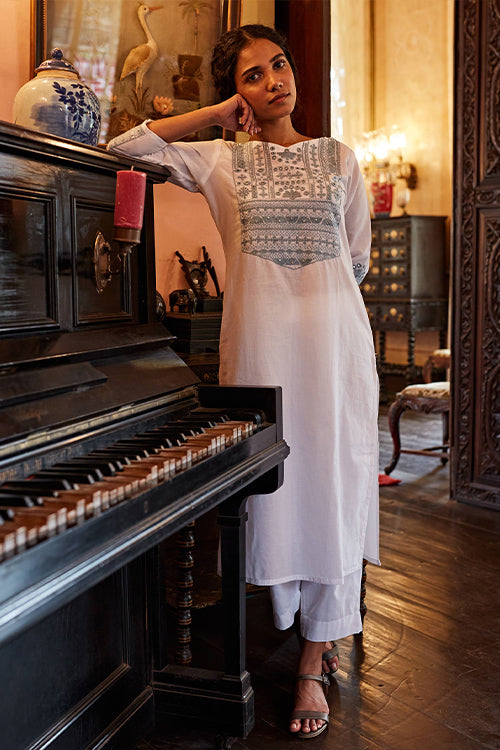 Okhai 'Glacier' Hand Embroidered Mirror Work Pure Cotton Long Kurta