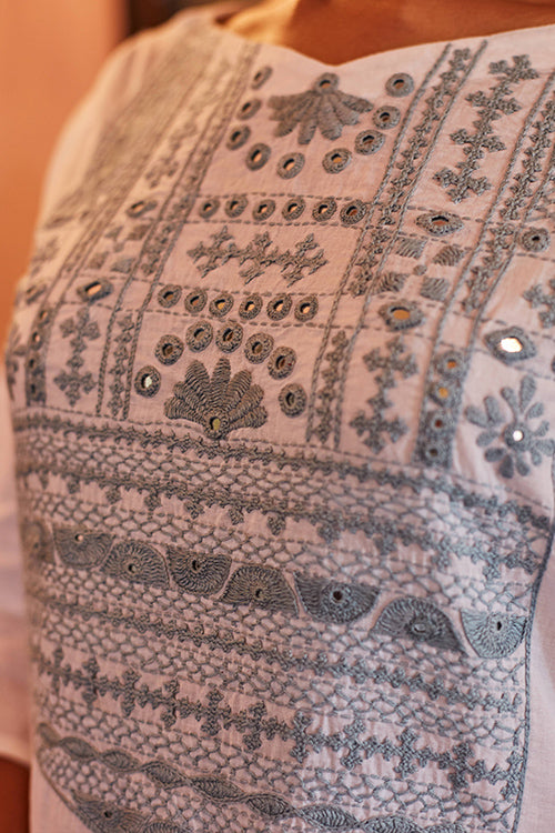 Okhai 'Glacier' Hand Embroidered Mirror Work Pure Cotton Long Kurta