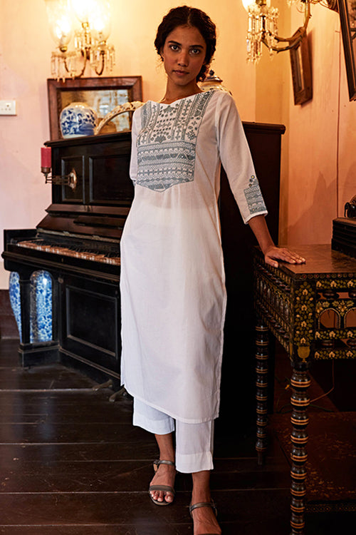 Okhai 'Glacier' Hand Embroidered Mirror Work Pure Cotton Long Kurta