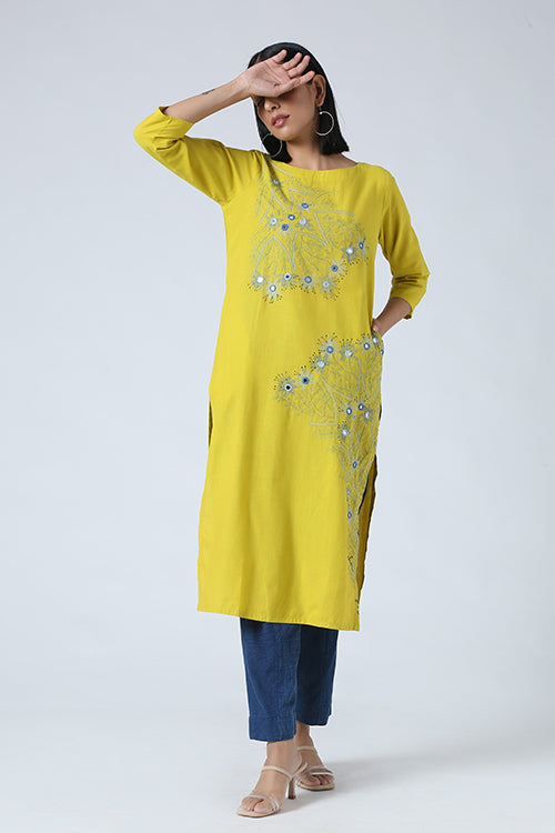 Okhai 'Sun Sparkle' Hand Embroidered  Mirror Work Pure Cotton Long Kurta