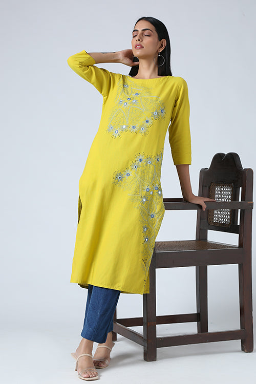 Okhai 'Sun Sparkle' Hand Embroidered  Mirror Work Pure Cotton Long Kurta