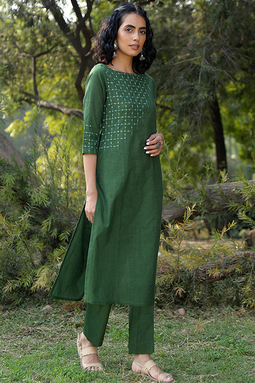 Okhai 'Lush Green' Hand Embroidered Mirror Work Kurta