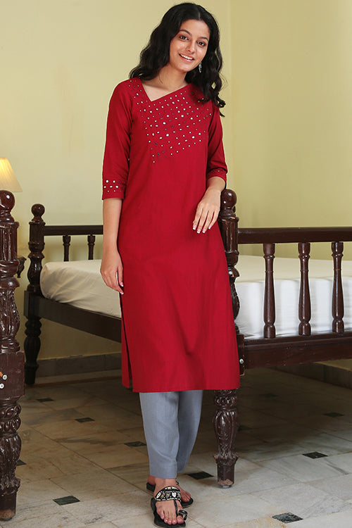 Okhai 'Red Forest' Pure Cotton Hand Embroidered Mirror Work Kurta