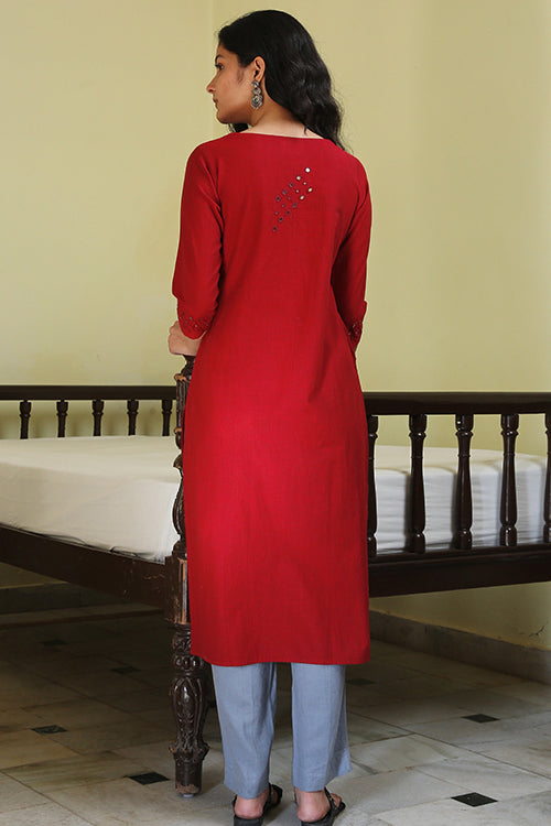 Okhai 'Red Forest' Pure Cotton Hand Embroidered Mirror Work Kurta