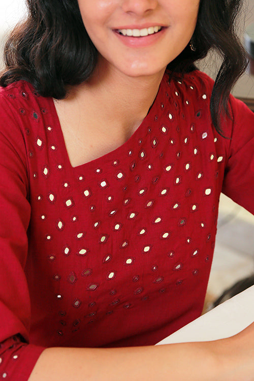 Okhai 'Red Forest' Pure Cotton Hand Embroidered Mirror Work Kurta