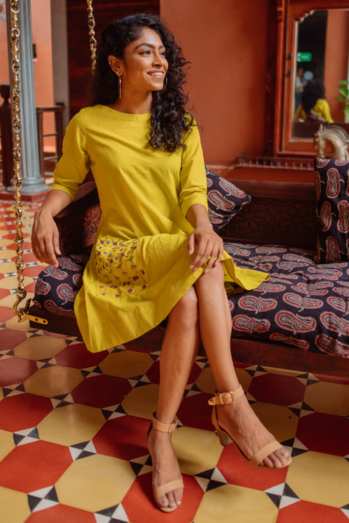 Okhai 'Sunflower' Pure Cotton Mirror Work Dress