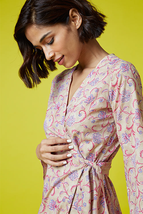 Tingle Pure Cotton Hand Block Printed Wrap Dress For Women Online