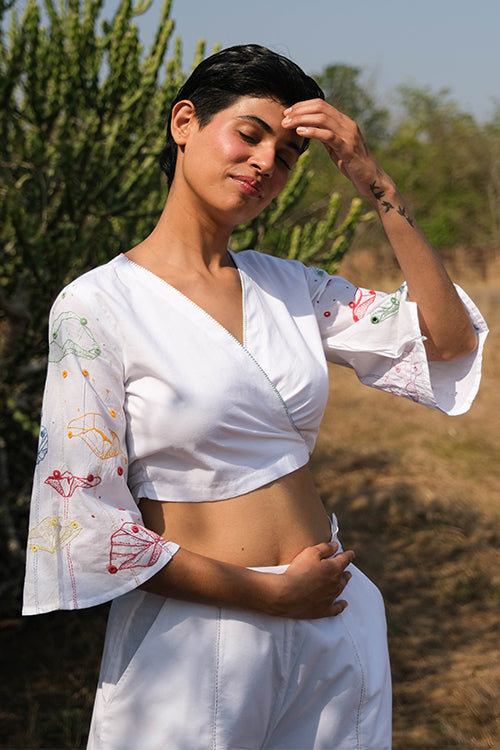 Isabella Mirror Work Hand Embroidered White Cotton Top For Women Online