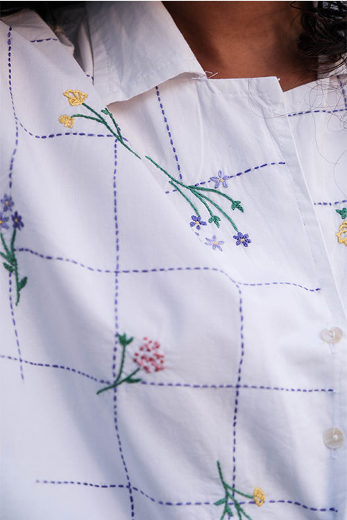 Okhai 'White Bouquet' Hand Embroidery Work Shirt