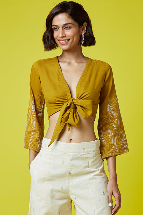 Okhai 'Maple Mustard' Mul Cotton Hand Embroidered Tie Top
