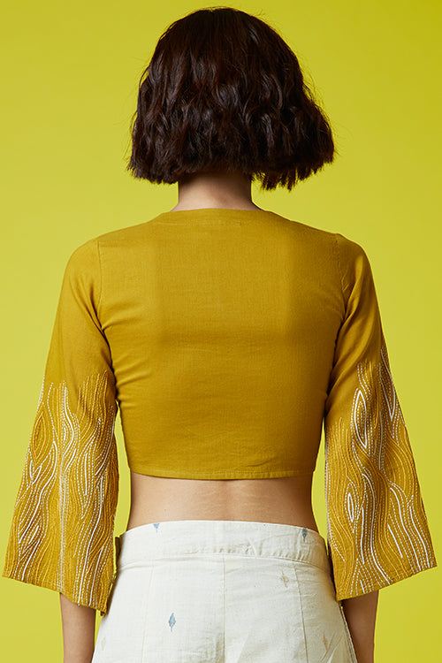 Okhai 'Maple Mustard' Mul Cotton Hand Embroidered Tie Top