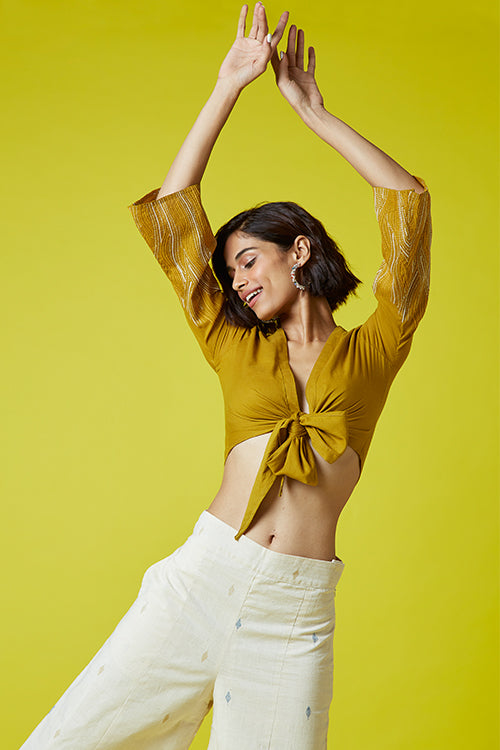 Okhai 'Maple Mustard' Mul Cotton Hand Embroidered Tie Top