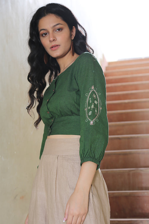 Blithsome Green  Mirror Work Cotton Hand Embroidered Short Top Online