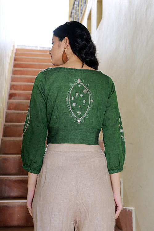 Blithsome Green  Mirror Work Cotton Hand Embroidered Short Top Online