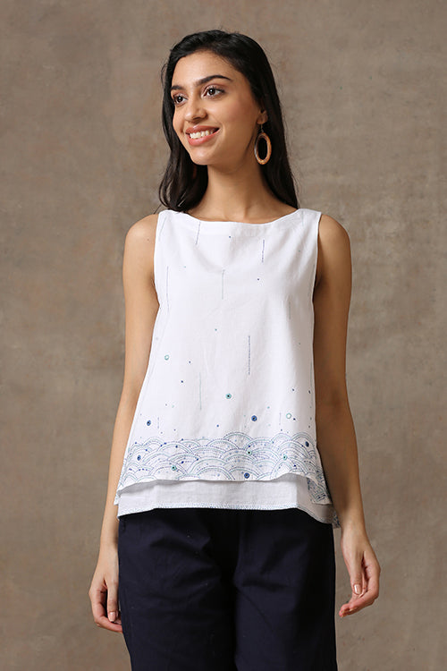 Okhai 'Misty Monsoon' Pure Cotton Hand Embroidered Mirror Work Top