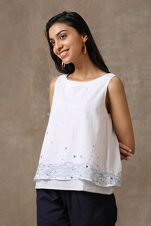 Okhai 'Misty Monsoon' Pure Cotton Hand Embroidered Mirror Work Top