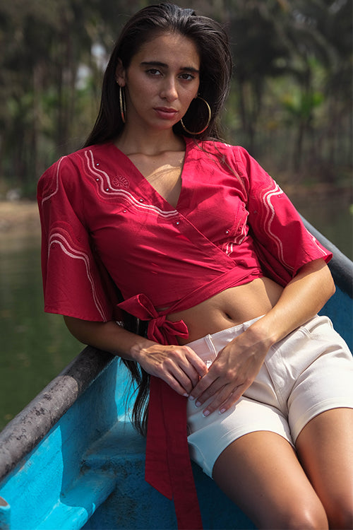 Okhai 'Coast' Pure Cotton Hand Embroidered Mirror Work Wrap Top