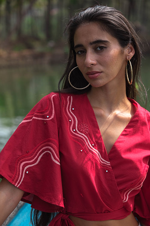 Okhai 'Coast' Pure Cotton Hand Embroidered Mirror Work Wrap Top